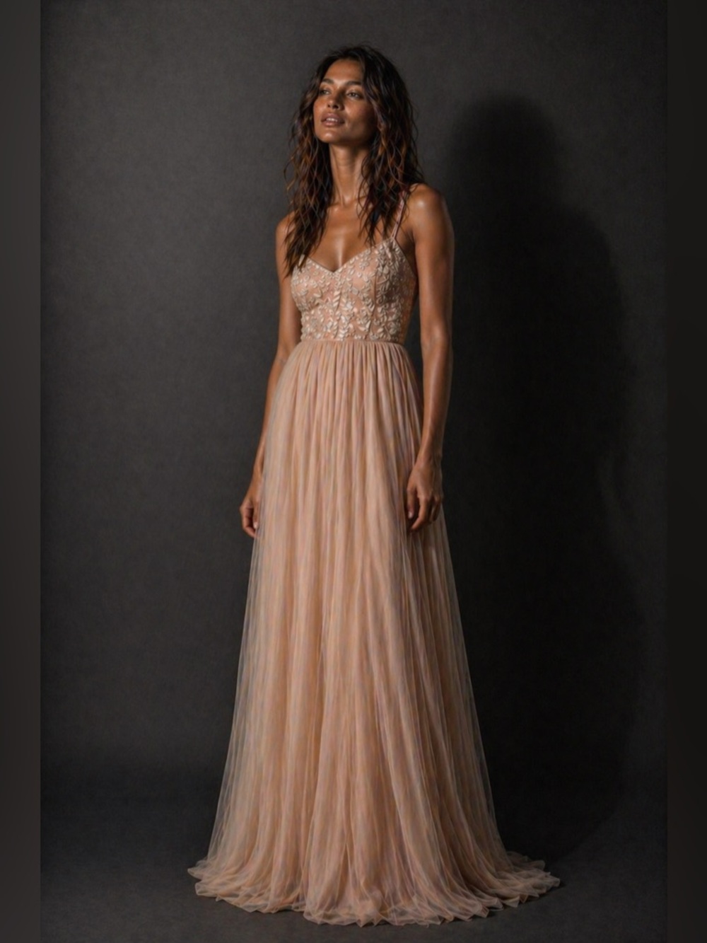 BHLDN Blush Embroidered Tulle Maxi Dress